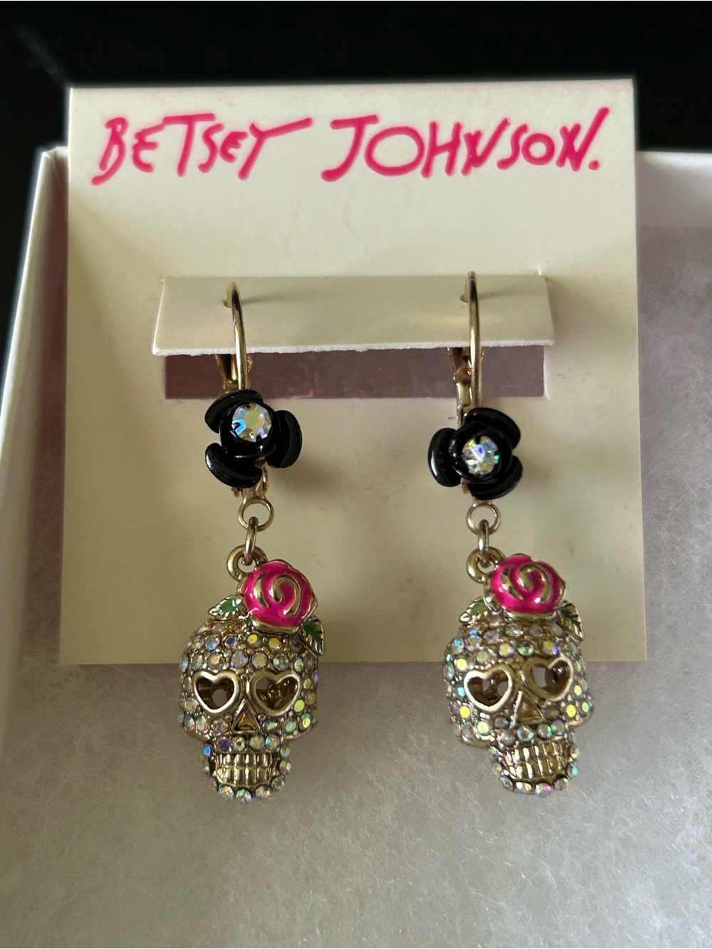 Betsey Johnson Pink Rose Crystal Skull Drop Earrings
